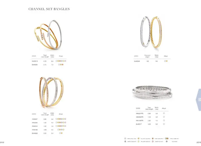 18ct White Gold, 18ct Rose Gold and 18ct Yellow Gold Diamond Bangles Otley 104